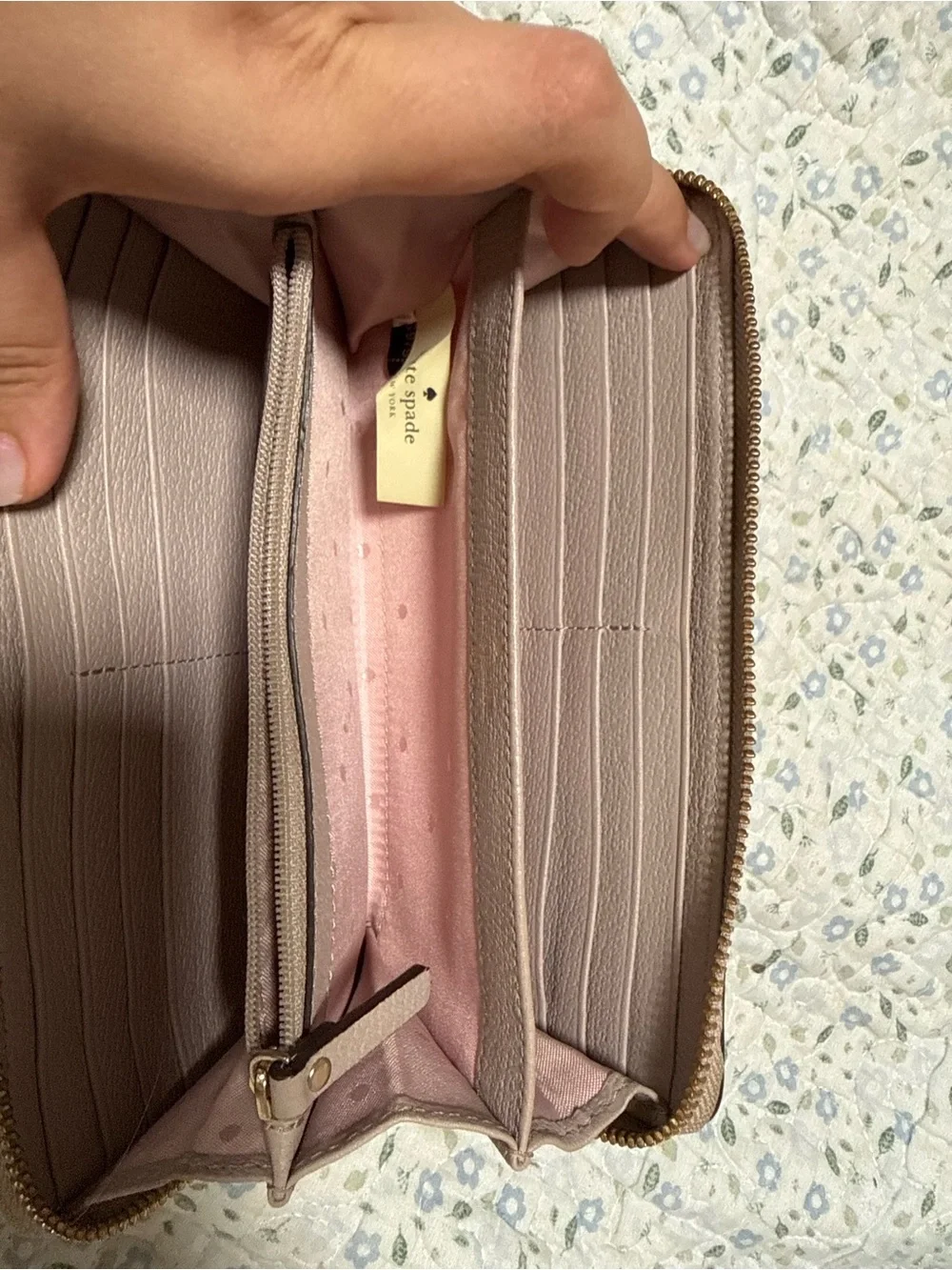 kate spade taupe bow zip-around wallet
